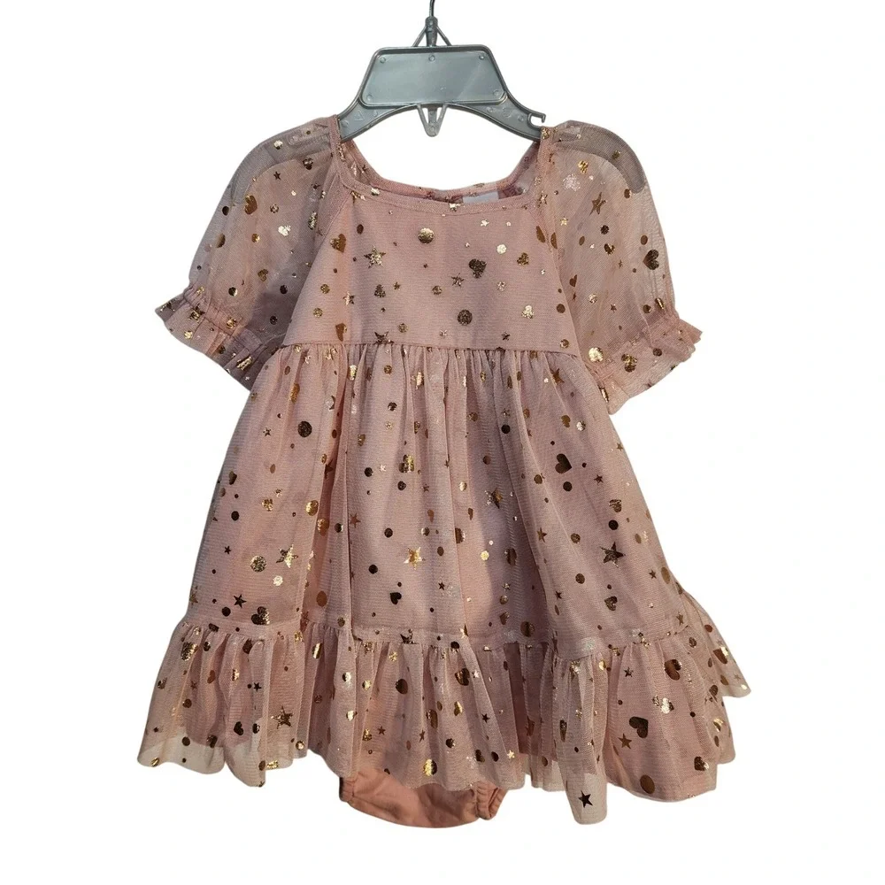 Baby Gap NWOT Pink Tulle Dress Gold Stars Hearts Ruffle Bloomers 6-12‎ Months